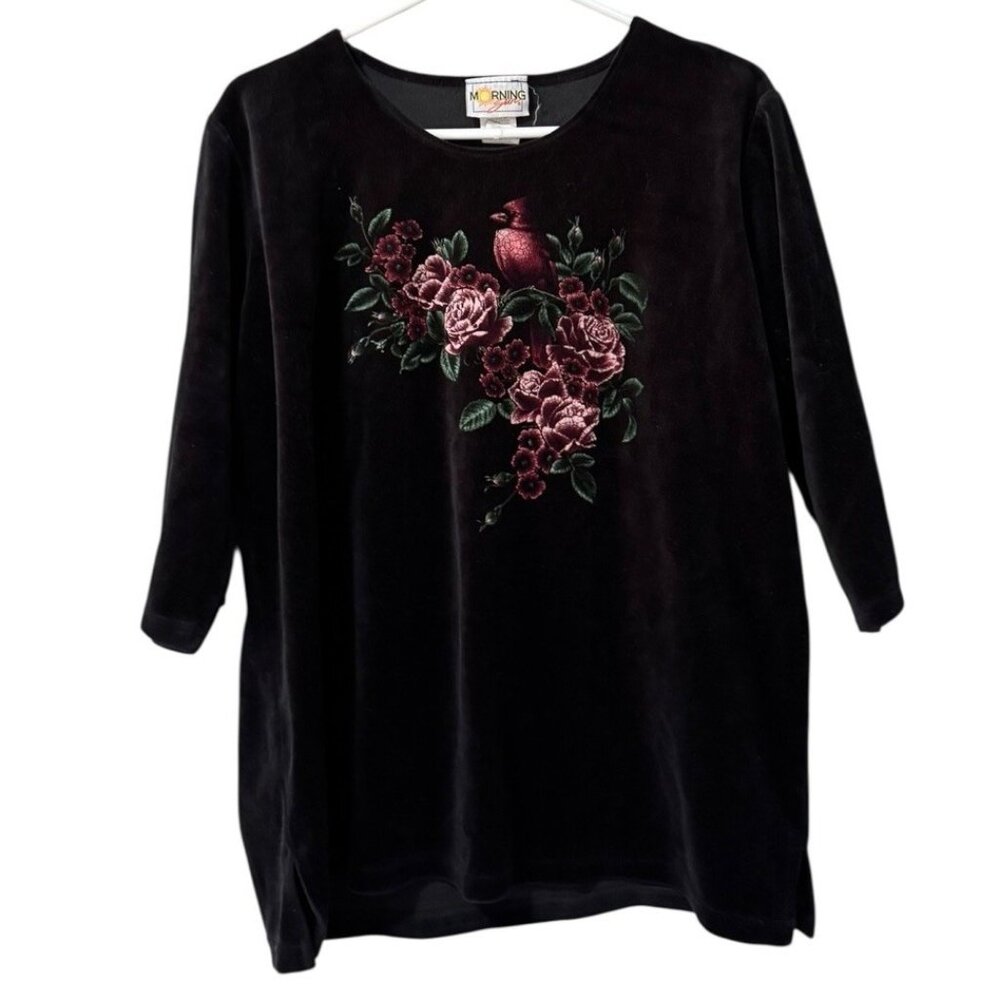 Morning Sun Velour Sweater Size XL Floral Birds 3/4 Sleeve USA‎ Made Vintage